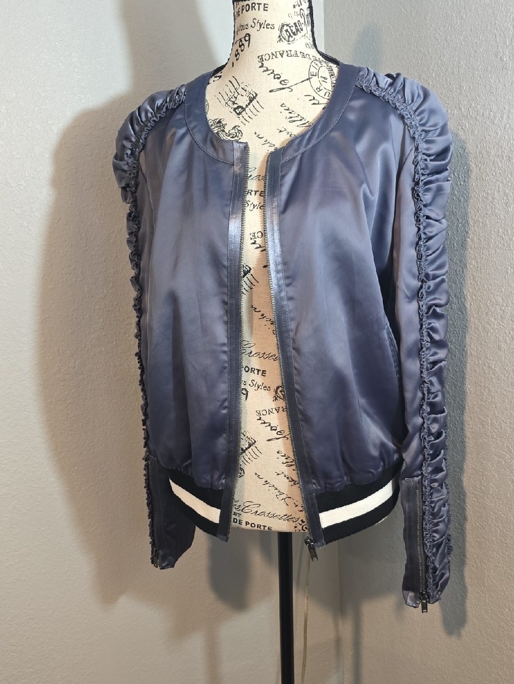 William Rast Navy Satin Bomber Jacket with Ruched Sleeves